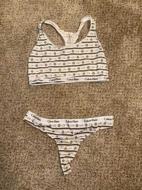 Calvin Klein White & Black Printed Bralette and Thong Set